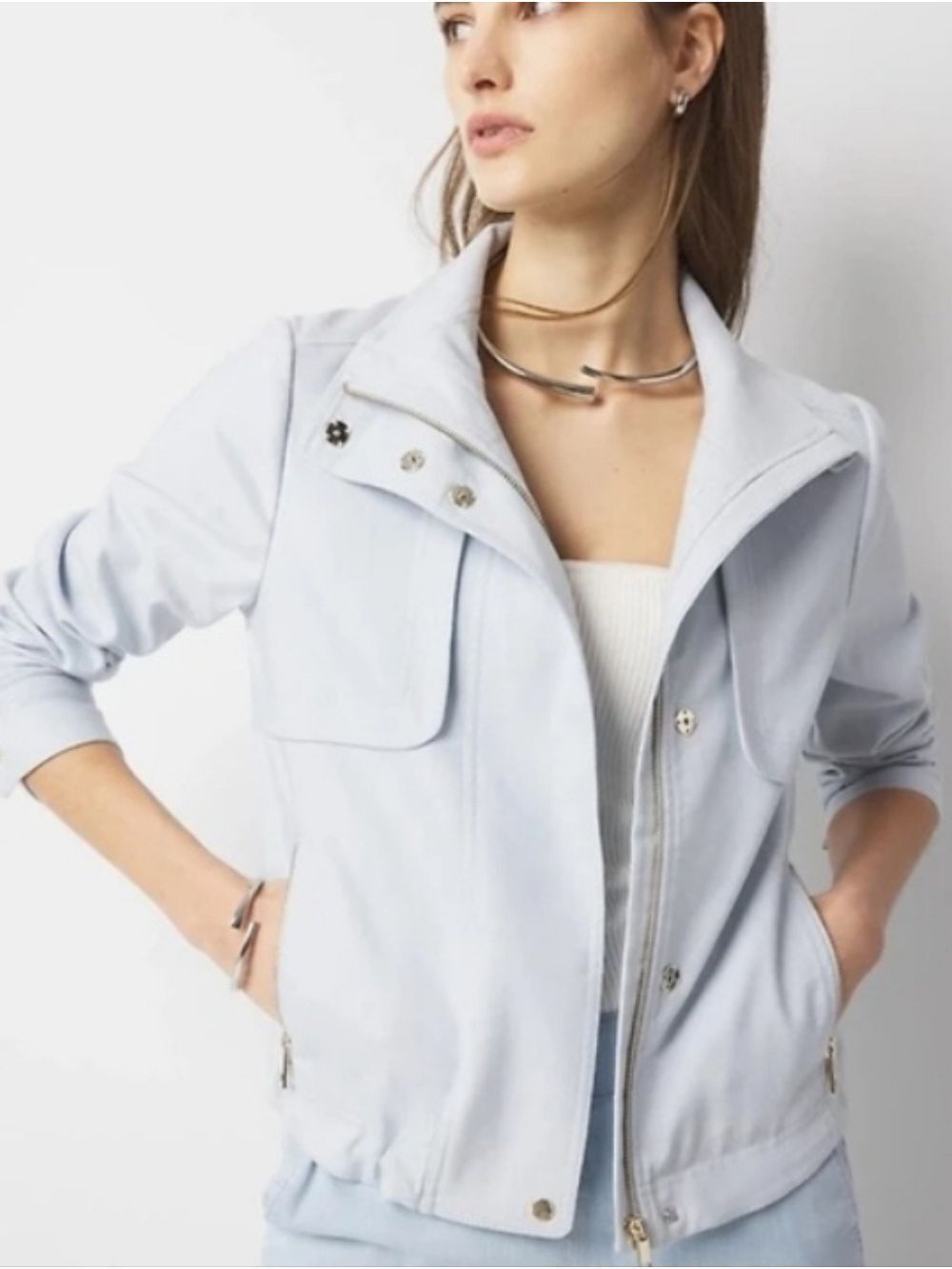 White House Black Market Pale Blue Utility Jacket Light Wash Chambray Size Small